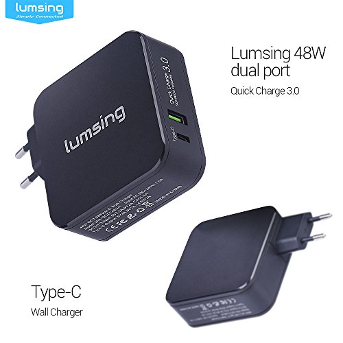 Lumsing Dual Port 18W Quick Charge 3,0 USB Wandladegerät +29W USB C Ladegerät Wand Ladeadapter für Apple Macbook, Google Nexus 6P, HTC 10, Galaxz S7, LG G5 und andere Smartphone Geräte(Schwarz) - 3