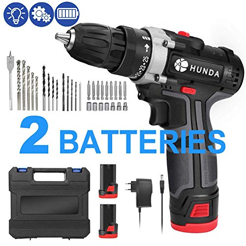 Perceuse Visseuse Sans Fil, HUNDA 31Pcs Kit Perceuse Electrique, Batterie au Lithium 2 X 3900 mA, Couple Maxi 28Nm, 2 Vitesses, Mandrin Auto-serrant 10mm, LED Indicateur, Professionnel pour Bricolage