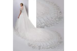 HHveil Bride Veil Bridal Veils White Ivory Long Cathedral Crystal Sequins Lace Edge Wedding Accessories with Crystal Free Comb, white, 3 * 3m