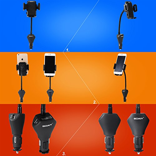 SOAIY Nuova Versione Flex-Porta Cellulare Car Mount Charger da Auto Cigno Accendisigari Supporto Dual USB, 3.1A Caricatore, LED display Tensione Corrente con Rivelatore per iPhone X 8 7 7 Plus