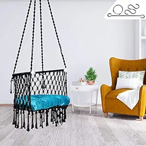 Patiofy Made in India Premium C-Swing Chair for Adults, Kids Hammock-Hanging Chair Swing with Blue Color Cushion and Accessories (Black-Blue)