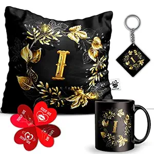 KivStar I Alphabet letter Printed Mug+Cushion with Filler,Card,Keychain,Gift for Love,Birthday ,wife, husband, girlfriend boyfriend,Kids,Brother,Sister on Birthday,Valentines Day and Anniversary. (Mug+Card+Keychain+Pillow)