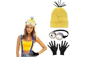 VIDSTW 3PCS Accessoires de Deguisement Drole Adultes Enfants, Lunettes Steampunk Vintage Bonnet Jaune Gants Noirs, Deguisement Dessin Animé Adulte Enfants pour Fête de Cosplay d'Halloween et Carnaval