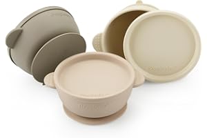 PandaEar Lot de 3 Bols pour Bébés avec Ventouse | Bol en Silicone Anti-Fuite et Anti-Dérapant avec Couvercles pour Bébés, Enfants en Bas Âge et Nourrissons (Marron Tan)