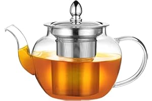 PluieSoleil Théière ronde en verre borosilicate avec filtre à thé, petites théières pour 2, théière en verre pour cuisinière à gaz pour perdre le thé/café (600 ml)