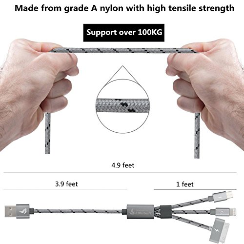 EliteSoft Ladekabel Micro-USB High Speed  4.9ft 3 in 1. Apple iPhone 6 5 4 und Android Smartphones Tablets, Lightning mit Datenübertragung Aluminium 2 Kabel - 4
