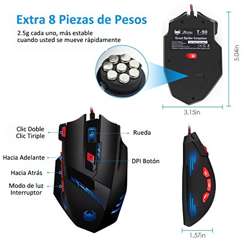 TopElek Rat  n Gaming profesional 9200 DPI  Ajuste de Peso  8 botones 13 modos de led luz para Gamer de alta precisi  n con cable 6 DPI ajustable 7 Color Ciclo de respiraci  n Win 8 7 XP Vista Mac OS