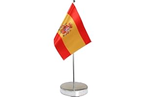 QSUM Bandera de Mesa de España 9 "x 6" - Bandera de Escritorio Español Contiene Asta de Bandera y Pedestal