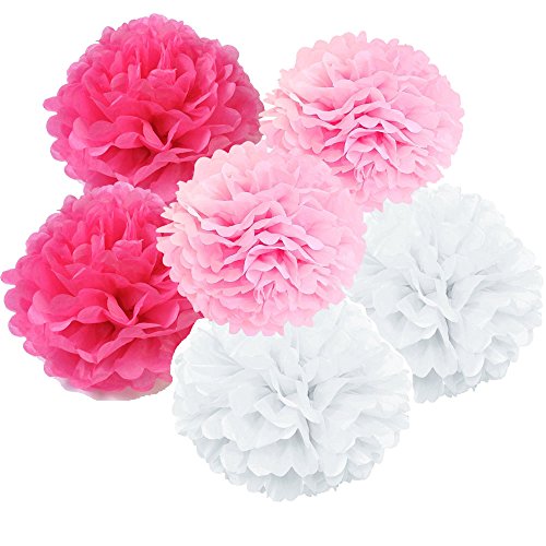 Freedom-vp Papier Pompom 18er 20cm/25cm Mixed DIY Papier Blumen PomPoms Zum Aufhängen Seidenpapier schöne Dekor für Geburtstag Hochzeitsfest Basteln Babyshower Dekoration Feier Party Baby-Duschen Brautduschen Wohnungdeko (Weiß Pink Rosa Rose)
