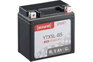 Accurat batterie moto YTX5L-BS AGM 12V 5 Ah 113 x 70 x 107 mm – Batterie de Démarrage Haute Performance Sans Entretien, Résistante aux Vibrations, Batterie Quad