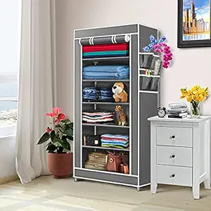 COROID Digital Printed Multipurpose 6 Shelve Baby Wardrobe, Foldable, Collapsible Fabric Wardrobe Organizer for Clothes (Iron and Non Woven Fabric -Multi) (6-Shelve, Grey)