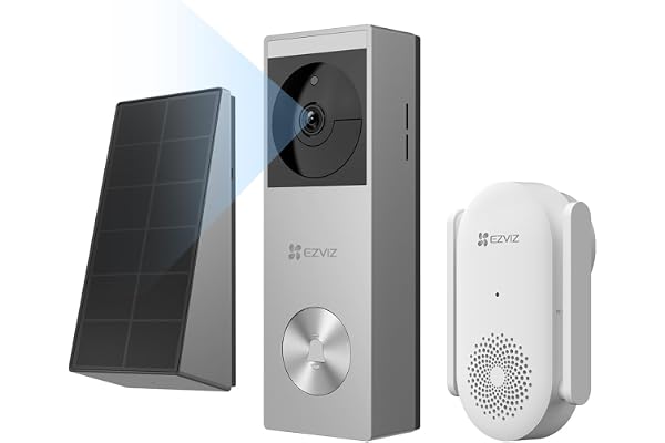 EZVIZ Sonnette Vidéo sans Fil avec Caméra 2K, Sonnette Extérieur avec Panneau Solaire & Batterie,Vision Nocturne Couleur, Détection de Personnes, Vue Ultra Large, Stockage eMMC 8 Go,CP3 Pro et CH1 Kit