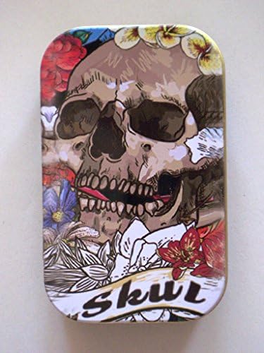 new slim pocket size 1oz hinged Skull head tobacco tin (Tin With Papers)