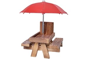 KMOCEPLY Squirrel Feeder Table with Umbrella Wooden Squirrel Picnic Table Wooden Squirrel Bench Feeder Garden Ornaments for Squirrel Chipmunk Wildlife Bird Feeder Outdoor Feeding Station