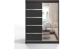 ML FURNITURE LTD ML Furniture V5 szafa przesuwna 150 cm z lustrem, szafa na ubrania sypialnia, pokój dzienny- 150 x 200 x 58 kolor: czarny, szafa z drzwiami przesuwnymi