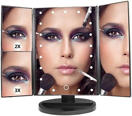 COSOON Tri-Fold Lighted Makeup Mirror with 21 LED Lights &amp; 2X &amp; 3X Magnifying Mirror Folding Vanity Mirror for Travel Home Bathroom, USB or Battery Powered (Black)