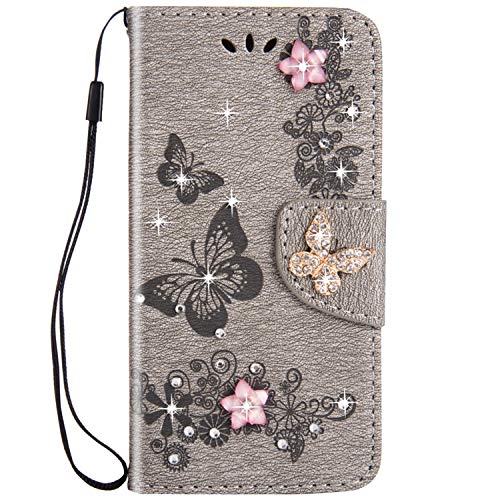 Felfy Diamante Cover in Pelle Compatibile con iPhone 7/iPhone 8 Custodia Portafoglio Grigio,Bling Glitter Strass Fiore Farfalla Flip Wallet PU Brillantini Case Stand Porta Carta Chiusura Magnetica