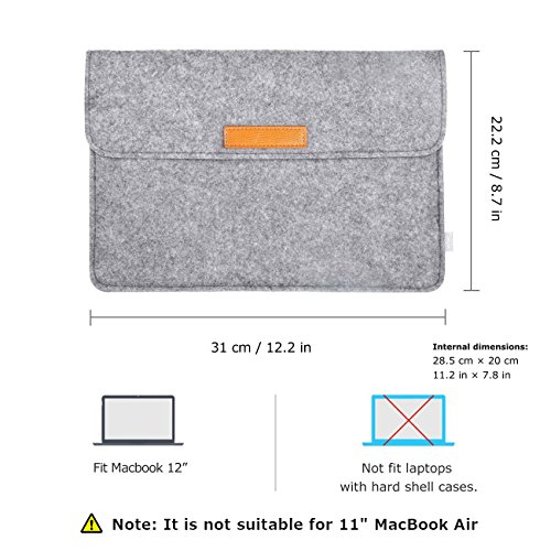 Inatecks neue 12 Zoll Macbook Retina Schützhülle, Sleeve Tasche, Klettverschluss, Verschluss mit Klettband, Grau - 2