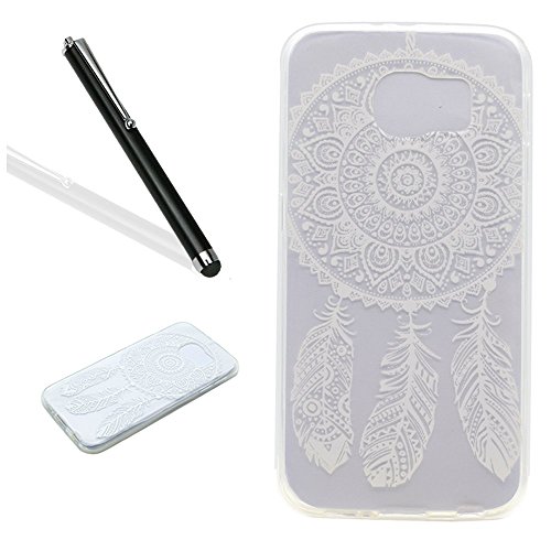 Galaxy S6 Hülle,Handyülle für Samsung Galaxy S6 Silikon Hülle Kratzfeste Scratch-Resistant,Leeook Hülle TPU Case Schutzhülle Silikon Crystal Kirstall Clear Case Durchsichtig Beautiful Weiß Traumfänger Feder Malerei Muster Transparent Weichem Silikon Schutzhülle Handy Gürtel Tasche Schutzhülle Hülle Case Cover Abdeckung Etui TPU Bumper Schale für Samsung Galaxy S6 + 1 x Schwarz Eingabestift-White Dreamcatcher Feather