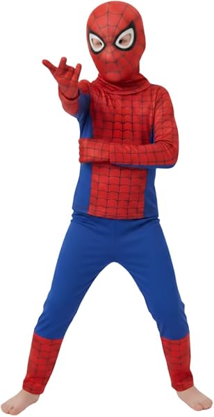 ITSMYCOSTUME Superhero Costume for Kids Boys Girls | 4-Piece Fancy Dress Set with Mask & Gloves | Print Red Blue Suit | Birthday School Party Cosplay | Polyeste