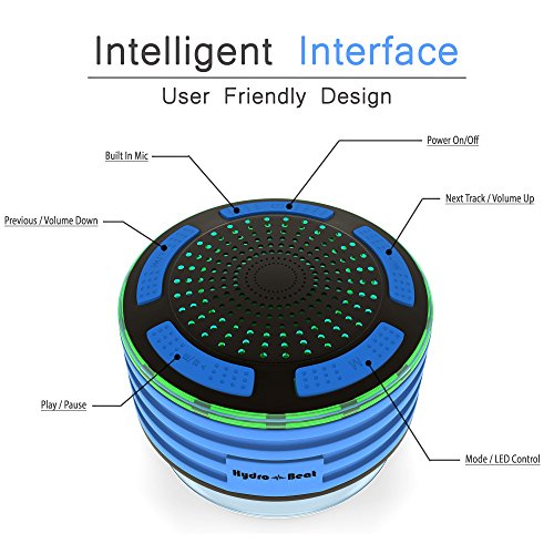 Duschradio – Hydro-Beat-Beleuchtung. IPX7 – vollständig wasserresistenter Bluetooth Radiolautsprecher mit LED- Beleuchtung. Aufladbar über Micro USB. (Blau und Schwarz) - 4