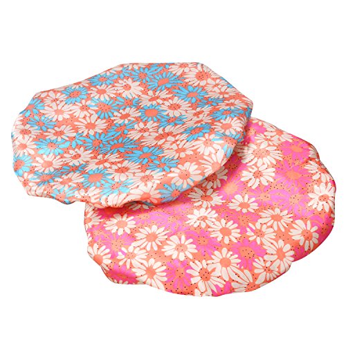 LEADSTAR 2 PCS Women Waterproof Shower Caps, Double Layers Bathing Cap Elastic Band Floral SPA Hat (Pink&Blue)