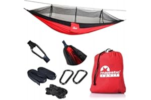 ‎MAJESTIC SPORT MAJESTIC SPORT Hamak Turystyczny z Moskitierą Lekki Przenośny na Wycieczki w Góry do Lasu Łatwy Montaż Kemping Plaża Ogródek Nylon 210T 260x140 cm Czarno-Czerwony