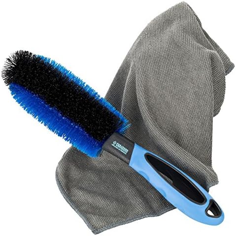 Professional rim brush with high-quality microfibre cloth for effective cleaning of steel and alloy wheels, premium quality for clean rims, rim cleaning for a car, motorcycle, bike (blue)