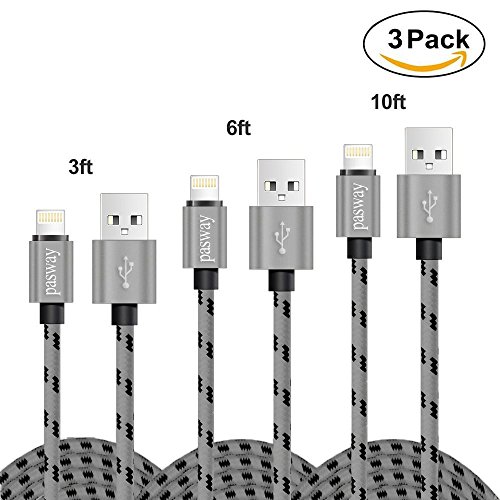 Pasway Lightning Kabel Nylon geflochten, 3 Pack (3FT, 6FT, 10FT), Lightning Durable Nylon geflochten extra lange Schnelle Ladekabel 2.0 A Micro USB Cord für iPhone 7/7 Plus / iPhone 6S / 6S Plus / 5 / 5s / 4 / SE IPad iPod (grau)