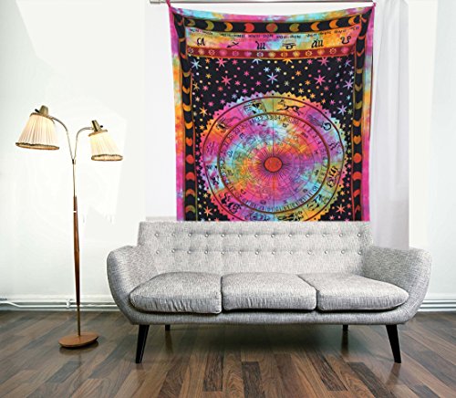raajsee-indian Psychedelic handgefertigt Krawatte und Farbe Tapisserie Schwarz & Rot Indianisches Sternzeichen Horoskop Baumwolle Print Wand aufhängen Strand Überwurf Wohnheim Trennwand Hippie-Stil