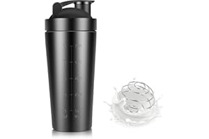 FENGQ Shaker proteinowy ze stali nierdzewnej, 750 ml, sportowy shaker proteinowy, shaker ze stali nierdzewnej, z kulką do mieszania ze stali nierdzewnej, do białka, diety i koktajli fitness, czarny