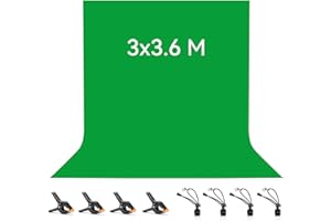3 x 3.6 M Toile de Fond Vert, Vevelux Green Screen avec 8 Clips Anti-Plis, 100% Polyester Fond Vert Pliable Lavable Durable pour Photographie, Vidéo, Camera, Photo, Prise de Vue Vidéo