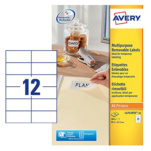 Avery España L4743REV-25 - Pack de 25 folios de etiquetas despegables, 99.1 x 42.3 mm, color blanco