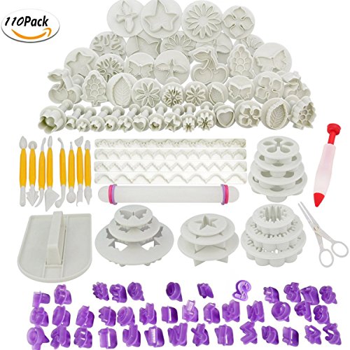 Abimars, Set di 110 stampini per dolci, Per glassa fondente, pasta di zucchero, A stantuffo, Con rose e foglie, Stampini per cupcake, biscotti, Con caratteri alfanumerici