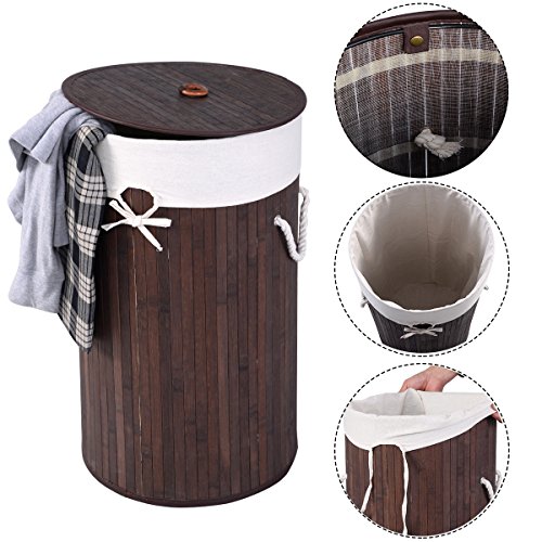 Wäschekorb Wäschekörbe Wäschebox Wäschetruhe Wäschesammler Bambus mit Leinen Kleidersack Wäschetone Wäschewagen 57L (Braun)