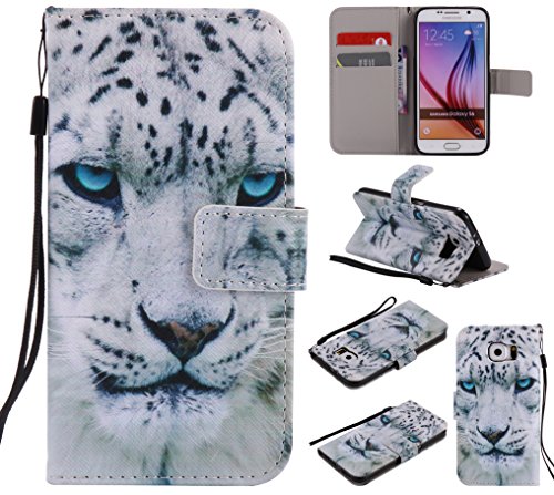 Feeltech Samsung Galaxy S6 Hülle PU-Leder und Brieftasche Bunte Muster Fall mit Magnetverschluss, Hybrid-Kickstand mit Stand-Funktion, schlagen Sie schützende weiche TPU Stoßstangenabdeckung und Kreditkartenhalter für Samsung Galaxy S6 Handgelenk Bügel-Buch-Art-Geldbeutel-Tasche mit 2 In 1 Berühren Sie Stift – White leopard - 8
