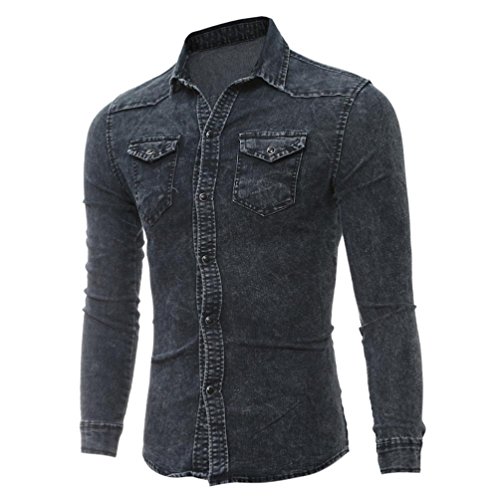 Mens Shirts Retro Denim Shirt Slim Fit Cowboy Blouse Long