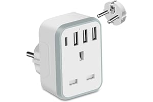 TISHOW UK to European Plug Adapter, Grounded European Travel Adapter w/ 3 USB Ports & 1 Type C,European Plug Adapter for Germany France Spain Turkey Greece Iceland Poland Russia & More(Type E/F)