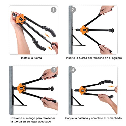 TACKLIFE Pistola Remachadora, Remachadora con M3, M4, M5, M6, M8, M10, M12 Tuerca de Remache, Mango de TPR, Ahorra Energía, Apta para Acero de 2-3 mm de Espesor, Llave Incorporada, 7 Mandriles, HHNP1A