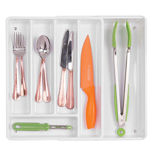 mDesign rutschfester Besteckkasten mit sechs Fächern – Ausziehbarer Besteckeinsatz für Schubladen ordnet Küchenutensilien – Schubladen Organizer für diverse Utensilien nutzbar – Farbe: Weiß - 5