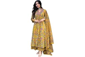 Rajnandini Damen Kurta & Palazzo aus reiner Baumwolle mit Dupatta bedruckt (JOPLJPR868-P_Mustard Yellow_P)