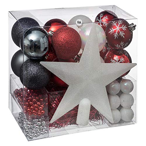 WEB2O Lot déco Noël - Kit 44 pièces pour décoration Sapin : Guirlandes, Boules et Cimier - Thème Couleur : Blanc, Rouge & Noir
