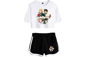 LKY STAR My Hero Academia T-Shirts und Kurze Hose Set Anime MHA Cosplay Deku Shoto Crop Top und Shorts 2pcs für Damen Mädchen