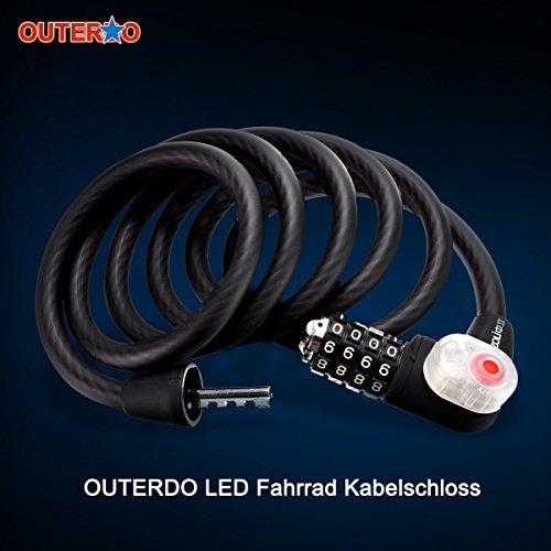 OUTERDO LED Licht Selbst Coiling MTB Fahrradschloss Kableschloss 4 Steillige + Schlüssel + LED Licht, Doppelter Schutz Anti Diebstahl Schloss 1.8M Schwarz - 4