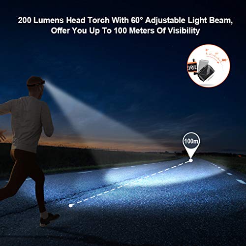 OMERIL LED Head Torch, USB Rechargeable Headlamp with Super Bright 200