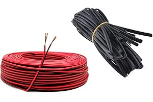 WOOLUCK 22AWG przewód elektryczny + rurka termokurczliwa Ø 2 mm, ocynkowany drut miedziany, 2-żyłowy kabel PCW do wtyków taśm LED/DIY (10 m czarny + 10 m czerwony + 5 m czarny wąż termokurczliwy)