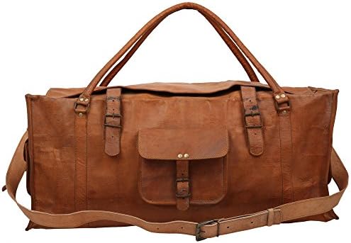 27.5Inch Long &amp; 12"Inch Tall Handcrafted Brown Genuine Full Grain Veg Tan Leather Vintage Hand Messenger Bag Travel Bag Cargo Duffle Bag By IndiCraft Inc