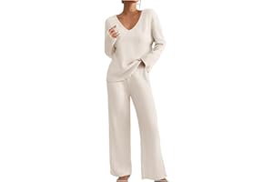 GENERIC Tracksuit Womens Full Set Lounge Wear Womens Co Ord Sets Ladies Travel Outfits V Neck Leisure Suits Airport Outfit Women 2 Piece Set Outfit Knitted Long Sleeve Blouse and Pant Set