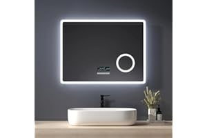 Heilmetz Espejo de baño Iluminado por LED con Lupa 3X, 80 x 60 cm, con Interruptor táctil y antivaho, Reloj y Bluetooth, luz Blanca fría, Tipo13