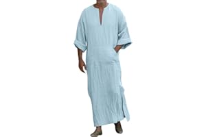 ZYPAINIY Djellaba Homme Marocaine Priere Islamique Uni Col V à Manches Courtes Qamis Homme Musulman Grande Taille Kamis Jelaba Homme Musulman Kaftan Jalabiya Abaya Homme Caftan Homme Fendue Ourlet